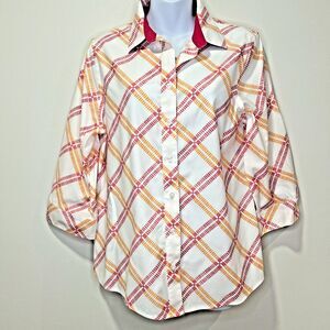 Chico’s Womens Blouse Shirt Size Med 8 (1)  Plaid Striped No-Iron Stretch 3/4